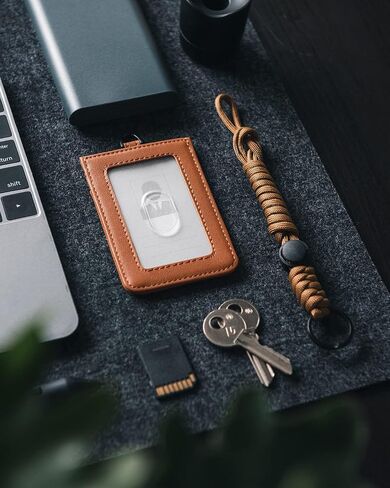 VULKIT ID Badge Holder with Lanyard for Women and Men Vertical Leather Badge Holder with Clear ID Window Card Holder Slot and Money Pocket Brown in Saudi Arabia