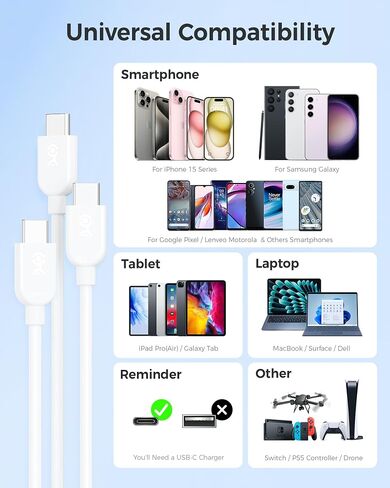 Cable Matters 2-Pack كابل شحن USB C فائق المرونة بقدرة 240 واط بطول 6 أقدام، أبيض، لجهاز MacBook Pro وiPad Pro وiPhone 15 Pro وApple Vision Pro (كابل شاحن USB C بقوة 140 واط، كابل USB C، USB 2.0، بدون فيديو) in Saudi Arabia