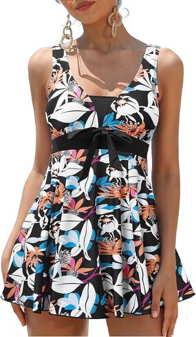 SHEKINI Women's Floral Print One Piece Swimdress Bowknot Bathing Suits Square Neck Skirt Swimsuit in Saudi Arabia