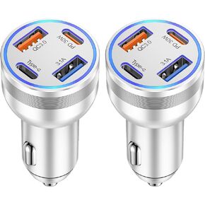 USB C Car Charger Adapter, 2 Pack 65W 4 Ports Super Fast Cigarette Lighter USB Charger, PD3.0 & QC3.0 30W Type C Car Charger for iPhone 15 Pro Max Plus, Samsung Galaxy S24/S23,iPad Pro, Pixel/Moto/LG