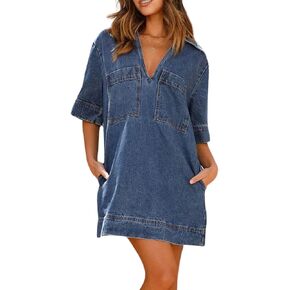 chouyatou Women's Summer Loose Fit V-Neck Sexy Mini Denim Dress Cute Jean Tunic Dress with Pockets