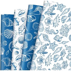 JarThenaAMCS 8 Sheet Ocean Wrapping Paper -Not Roll- White Blue Seashell Gift Wrap Paper Folded Flat Under the Sea Art Paper for Summer DIY Crafts Gift Wrapping