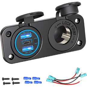 Cigarette Lighter Socket 12 Volt Plug,Qidoe Dual Quick Charger3.0 and PD 20W Waterproof 12 Volt USB Outlet with 150W 12V Cigarette Socket Panel fits for Golf cart Heater, car,Boat,Marine