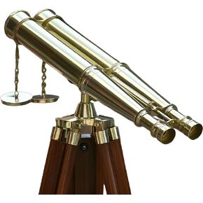 MARY NAUTICAL- 62 Inches Floor Standing Admirals Solid Shinny Brass Binocular, Fully Functional Nautical Home Decor Binoculars for Adults with Wooden Tripod Stand