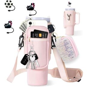 Water Bottle Carrier Bag with Phone Pocket for Stanley 40oz Tumbler, Water Cup Pouch Holder with Straw Cover & Keychain, Adjustable Shoulder Strap for Stanley Cup Accessories