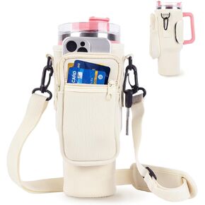 Water Bottle Carrier Bag with Phone Pocket, Water Bottle Holder for 40oz Cup Accessories with Adjustable Shoulder Strap for Men Women Walking Hiking Travelling Camping Gym (Beige)