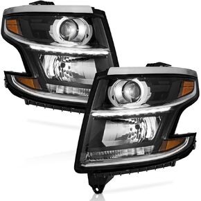 المصابيح الأمامية لـ 2015-2020 Tahoe/Suburban، 2016-2019 Chevy 3500HD نوع الهالوجين كشافات أمامية سوداء اللون عاكس كهرماني يسار + الجانب الأيمن