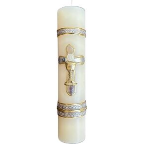Holy Grail Cross Candle for First Communion or Baptsim White Candle Silver Cross Design Vela Catolica de Primera Comunion o Bautizo con Cruz Christening Celebration 8 inch