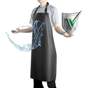 Waterproof Apron with Comfortable Adjustable Bib, Rubber Vinyl Dishwasher Apron for Men, Women. Heavy Duty Plastic Apron for Dishwashing Restaurant Dog Grooming Chemical Resistant, Black
