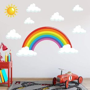 Rainbow Wall Stickers with Sun and Clouds ,Peel and Stick Removable Wall Decals for Kids Nursery Bedroom Living Room