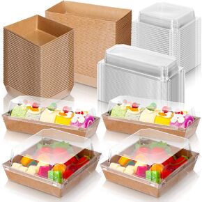 100 Pack 2 Size Paper Charcuterie Box with Clear Safety Lid 5 Brown Square Disposable Food Container Bakery Bread Box 7.5 Long Brown Baking Box for Sandwich Cake Cookies Pastry Dessert Salad Display