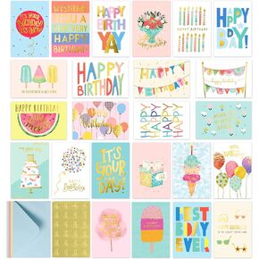 24 Unique Happy Birthday Cards - Gold Foil Birthday Cards Bulk With Colored Envelopes, Holographic Birthday Cards Assortment in Bulk for Family, Kids, Friends, Work & Office Celebrations.