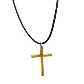 Silver Thin Simple Cross Necklace - Catholic Men Jewelry, Women Religious Gifts, Faith and Believes, Mens Crosses, Father Day, Baptism Ceremony, Christian Accessories (Gold, Black Leather)
