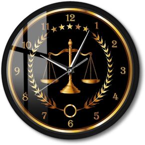 Scale of Justice Metal Frame Round Clock, Battery Operated Quartz Non Ticking Judge Law Black Aluminum Frame Wall Clock for Lawyer Office Decor Law Firm Office School Living Room Wall Art
