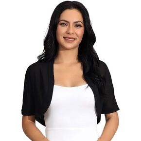 GORAIS Evening Chiffon Shrugs Black Short Sleeve Jacket Open Front Sheer Bolero Cardigan for Women and Girls