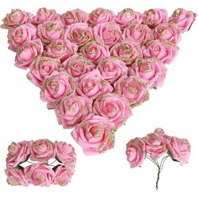 Gold Glitter Roses 72pcs Mini Foam Roses 1.57" Gold Artificial Flowers with Stems for Centerpieces Wall Decorations Wedding Ceremony Bridal Shower Table Floral Arrangement (Gold)