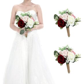 Set of 6 Bridesmaid Bouquets for Wedding - 7 Inch Artificial Flowers Bouquets for Ceremony Anniversary Centerpieces Decorations - Burgundy & Blush