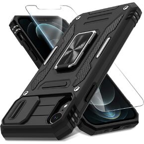 DEERLAMN for iPhone XR Case with Slide Camera Cover+Screen Protector (1 Pack),Rotated Ring Kickstand Military Grade Shockproof Protective Cover 6.1 Inch-Black