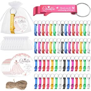 96 Set 15th Quinceañera Birthday Party Favors Includes Keychain Bottle Opener Favor Thank You Tags Organza Bags with Flax Rope for Guests Adults Wedding Anniversary Souvenirs Decor