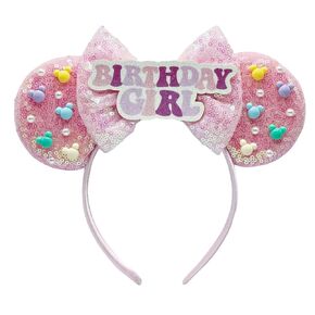 Birthday Tiara Crown Headband with Mouse Ears & Colorful Ribbon, Adorable Headwear Accessory for Women Girls Birthday Celebrations, Gifts; BR-BC