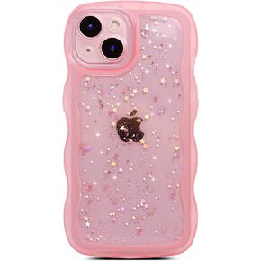 Qokey for iPhone 15 Case 6.1", Curly Wave Design Transparent Bling Glitter Star Shiny Case Cute Clear Transparent Shockproof Protection Soft Phone Cover Case for Women Girls, Pink
