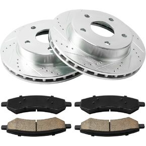 Torchbeam Front Geomet Drilled & Slotted Brake Rotor & Ceramic Brake Pads Kit Replacement 53025+D1084 Fit for Dakota 2005-2011, Raider 2006-2009, Disc Brake Rotors and Pads