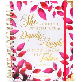 She Is Clothed with Strength and Dignity Pink Foliage 7 x 9 Paper Prayer Journal Spiral Bound Notebook