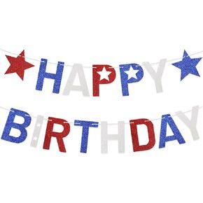 4th of July Happy Birthday Banner Glitter Red White and Blue Star Garland Party Decoration Memorial Day Patriotic Supplies
