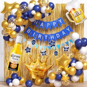 Winrayk 124 قطعة من ديكورات حفلات عيد ميلاد البيرة للرجال والنساء باللون الأزرق الداكن والذهبي بالون قوس هامش ستارة لافتة دوامة زجاجة ويسكي كوب البيرة تاج بالون 30 40 50 لوازم تزيين حفلات البيرة in Kuwait
