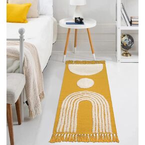 Uphome Boho Bathroom Rug 2' x 3', Small Abstract Kitchen Rugs with Tassels, Beige Washable Front Door Mat, Cotton Woven Aesthetic Tufted Throw Rug for Bedroom Entryway Laundry Living Room