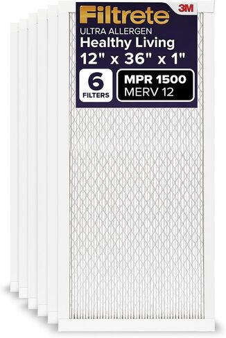 Filtrete 12x36x1 AC Furnace Air Filter, MERV 12, MPR 1500, CERTIFIED asthma & allergy friendly, 3 Month Pleated 1-Inch Electrostatic Air Cleaning Filter, 6-Pack (Actual Size 11.69x35.69x0.78 in) in Saudi Arabia