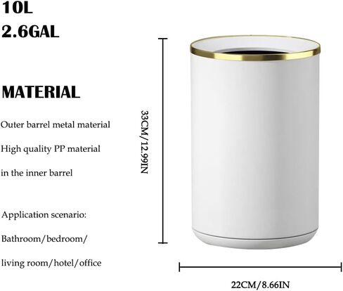 10L/2.6GAL Bathroom Metal Trash Can Without Lid,Double Layer Round Garbage Bin for Bathroom，Bedroom,Living Room,Hotel,Office (10L-White) in Saudi Arabia
