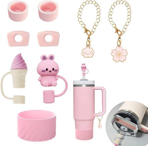 Cup Accessories Set For Stanley, Silicone Spill Stopper Set, Including 2 Cute Straw Cover Cap, 2 Square and Round Spill Stopper, 2 Cute Charms Chain, 1 Silicone Boot, For Stanley Cup 40oz/30oz, Pink in Saudi Arabia