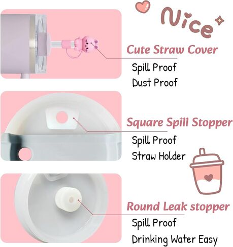 Cup Accessories Set For Stanley, Silicone Spill Stopper Set, Including 2 Cute Straw Cover Cap, 2 Square and Round Spill Stopper, 2 Cute Charms Chain, 1 Silicone Boot, For Stanley Cup 40oz/30oz, Pink in Saudi Arabia