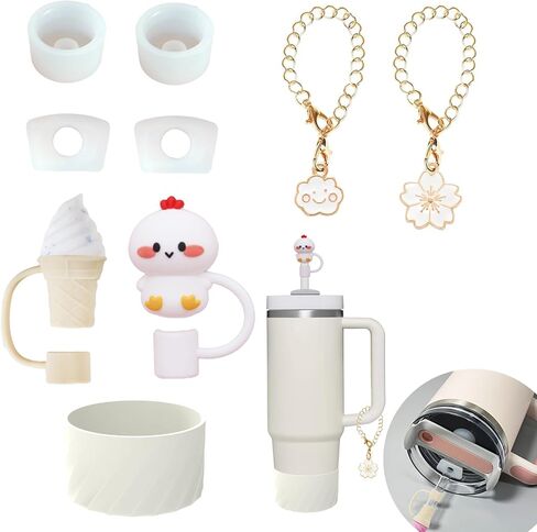 Cup Accessories Set For Stanley, Silicone Spill Stopper Set, Including 2 Cute Straw Cover Cap, 2 Square and Round Spill Stopper, 2 Cute Charms Chain, 1 Silicone Boot, For Stanley Cup 40oz/30oz, Pink in Saudi Arabia