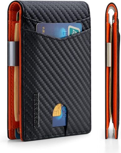 VANNANBA Mens Front Pocket Money Clip Wallet RFID Blocking Carbon Fiber Wallet with ID Window, Large Capacity Wallet with 12 Card Slots,Gift for Mens Boys Teen(Black and Orange) in Saudi Arabia