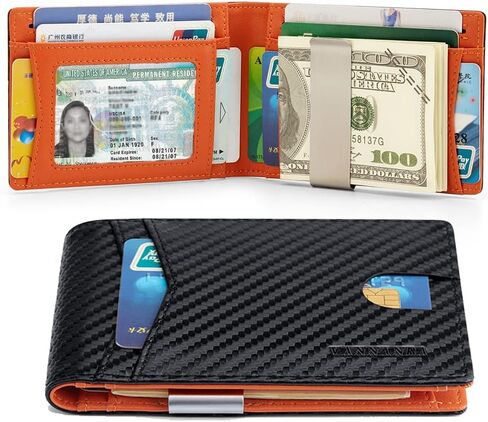 VANNANBA Mens Front Pocket Money Clip Wallet RFID Blocking Carbon Fiber Wallet with ID Window, Large Capacity Wallet with 12 Card Slots,Gift for Mens Boys Teen(Black and Orange) in Saudi Arabia