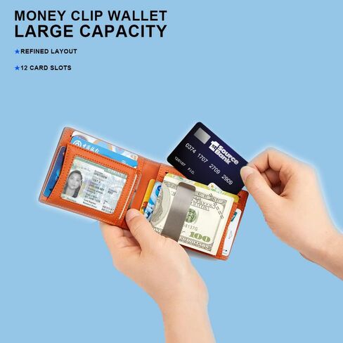 VANNANBA Mens Front Pocket Money Clip Wallet RFID Blocking Carbon Fiber Wallet with ID Window, Large Capacity Wallet with 12 Card Slots,Gift for Mens Boys Teen(Black and Orange) in Saudi Arabia