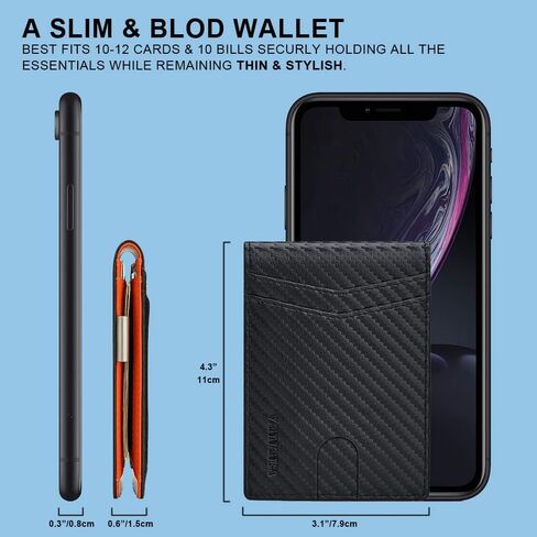 VANNANBA Mens Front Pocket Money Clip Wallet RFID Blocking Carbon Fiber Wallet with ID Window, Large Capacity Wallet with 12 Card Slots,Gift for Mens Boys Teen(Black and Orange) in Saudi Arabia