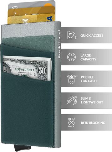 Boxiki Travel RFID Blocking Men Wallet - Aluminium Minimalist Credit Card Holder Fits 6 Cards & Notes - Pop Up Metal Card Wallet with Sleek Gray Design in Saudi Arabia