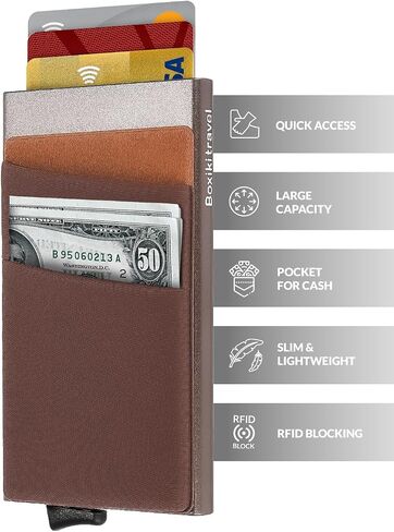 Boxiki Travel RFID Blocking Men Wallet - Aluminium Minimalist Credit Card Holder Fits 6 Cards & Notes - Pop Up Metal Card Wallet with Sleek Gray Design in Saudi Arabia