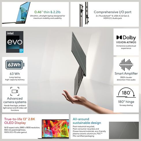 ASUS 2024 Zenbook S 13 OLED Laptop, 13.3" OLED 3K 60Hz Display, Intel Evo Certified, Intel Core Ultra 7 155U CPU, Intel Graphics, 16GB RAM, 512GB SSD, Windows 11 Home, Basalt Gray, UX5304MA-ES71 in Saudi Arabia