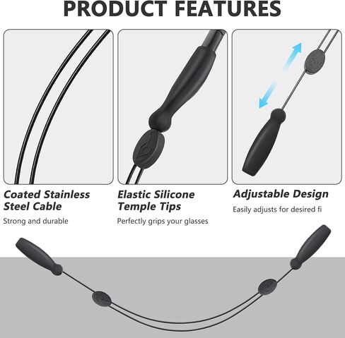 حزام كابل تثبيت النظارات قابل للتعديل من YR بدون ذيل للنظارات، حزام النظارات الشمسية، مجموعة من 4 قطع، أسود in Kuwait