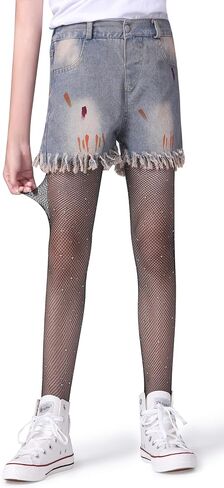 Henwarry Girls Sparkle Fishnet Stockings Children's High Waist Tights Rhinestone Hollow Out Party Pantyhose in Saudi Arabia