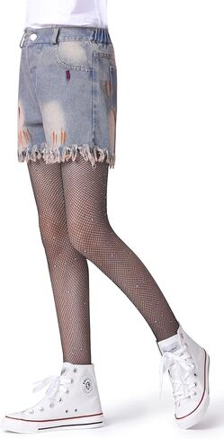 Henwarry Girls Sparkle Fishnet Stockings Children's High Waist Tights Rhinestone Hollow Out Party Pantyhose in Saudi Arabia