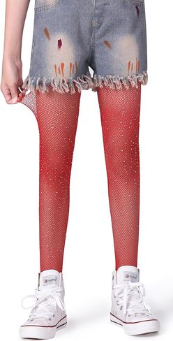 Henwarry Girls Sparkle Fishnet Stockings Children's High Waist Tights Rhinestone Hollow Out Party Pantyhose in Saudi Arabia