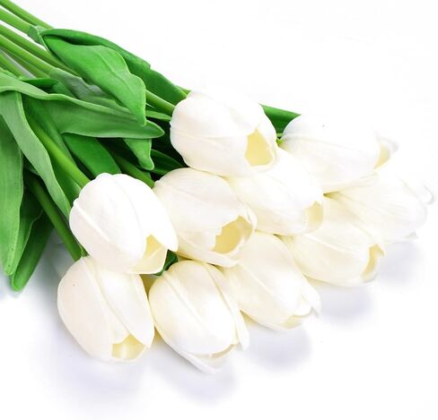 10Pcs Artificial Tulips Flowers, Real Touch Latex Fake Tulips Flowers for Decoration 13.5" Floral Arrangement Bulk Flowers for Vase Centerpieces Wedding Party, White in Saudi Arabia