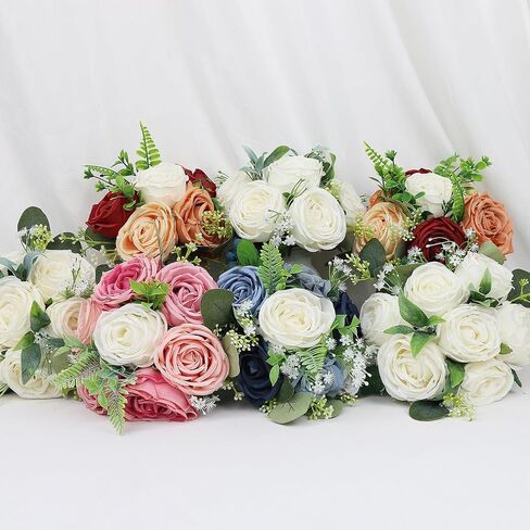 مجموعة من 4 باقات لوصيفات العروس لحفلات الزفاف - باقات زهور صناعية مقاس 7 بوصة لتزيين القطع المركزية لحفلات الذكرى السنوية - أزرق داكن وأبيض in Kuwait