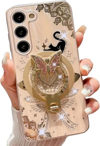 Megnetic Case for Galaxy A54 5G,Cute 3D Rhinestones Bling Sparkle Ring Holder Butterfly Cat Kitty Love Heart Lace Pattern Compatible with Magsafe Girls for Samsung Galaxy A54 (Pink) in Saudi Arabia