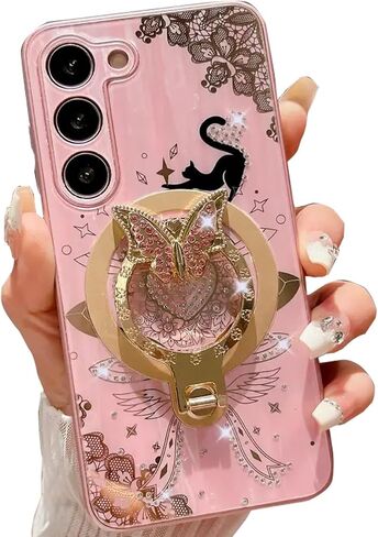 Megnetic Case for Galaxy A54 5G,Cute 3D Rhinestones Bling Sparkle Ring Holder Butterfly Cat Kitty Love Heart Lace Pattern Compatible with Magsafe Girls for Samsung Galaxy A54 (Pink) in Saudi Arabia